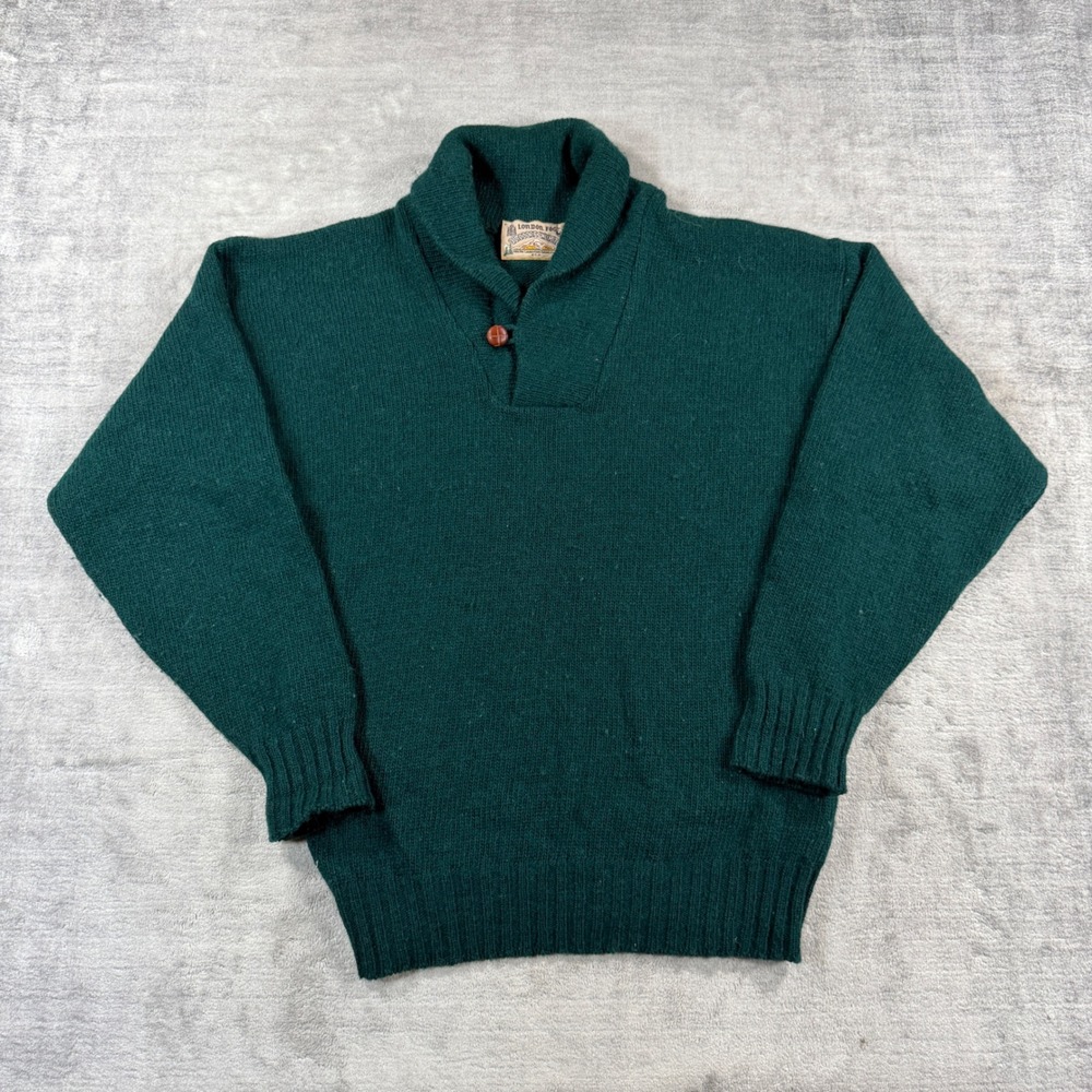 London Fog Sweater Mens Medium Green Vintage 80s Shawl Collar Knit Pullover - Picture 1 of 8